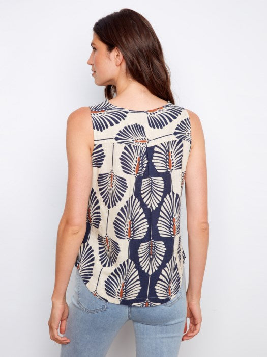 Printed Sleeveless Linen Blouse With Rounded Hem