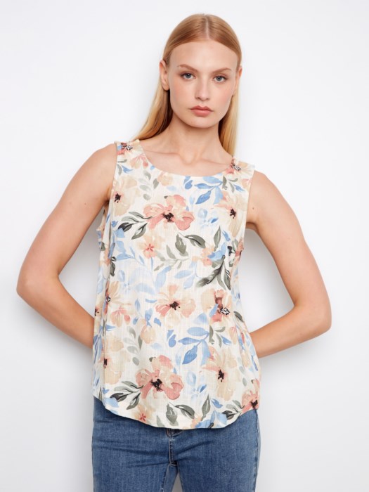 Printed Sleeveless Linen Blouse With Rounded Hem