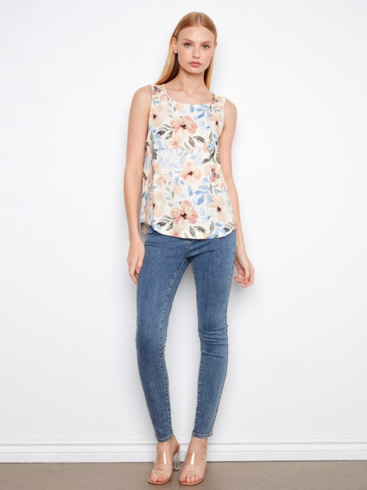 Printed Sleeveless Linen Blouse With Rounded Hem