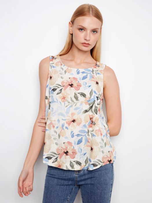 Printed Sleeveless Linen Blouse With Rounded Hem