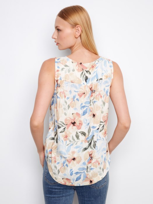 Printed Sleeveless Linen Blouse With Rounded Hem