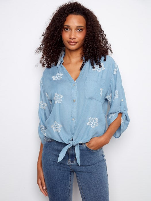 3/4 Rolled Up Sleeves Blouse With All Over Embroidery And Front Tie