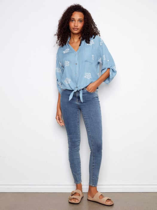 3/4 Rolled Up Sleeves Blouse With All Over Embroidery And Front Tie