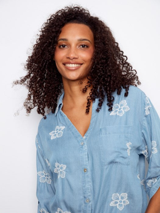 3/4 Rolled Up Sleeves Blouse With All Over Embroidery And Front Tie