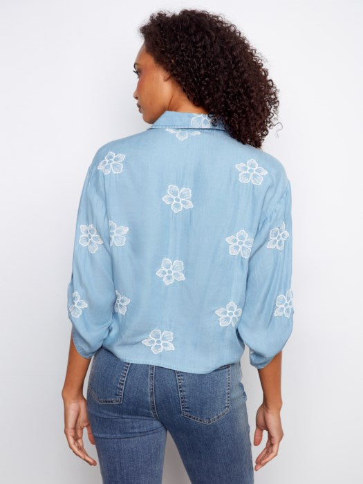 3/4 Rolled Up Sleeves Blouse With All Over Embroidery And Front Tie