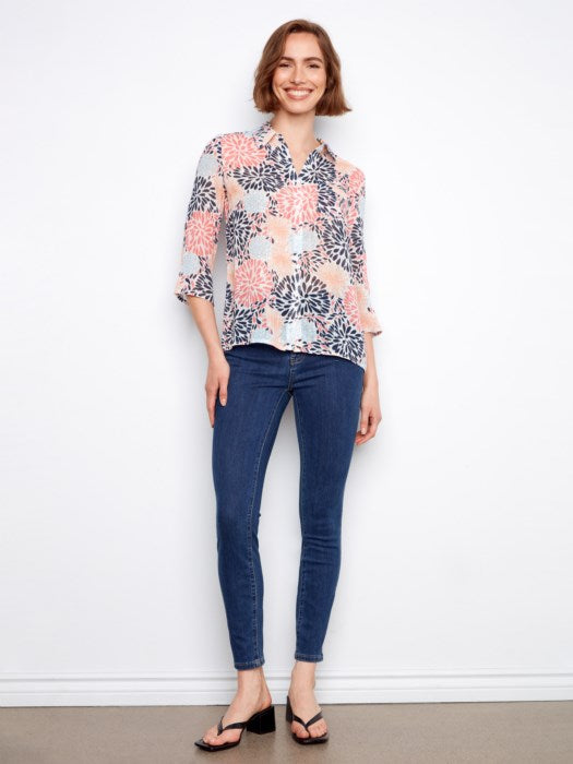 Printed Cotton Gauze Button Up Blouse With Roll-Up Sleeves