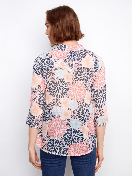 Printed Cotton Gauze Button Up Blouse With Roll-Up Sleeves