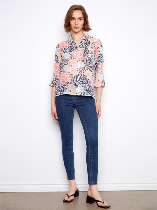Printed Cotton Gauze Button Up Blouse With Roll-Up Sleeves