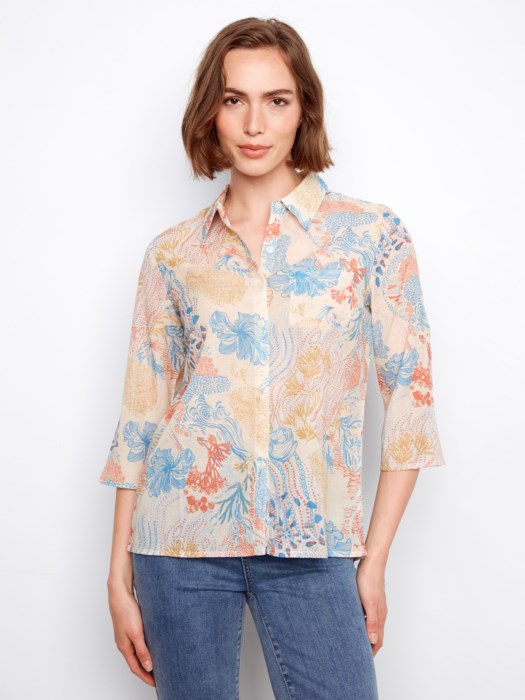 Printed Viscose Button Up Blouse With Roll-Up Sleeves