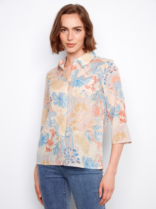Printed Viscose Button Up Blouse With Roll-Up Sleeves