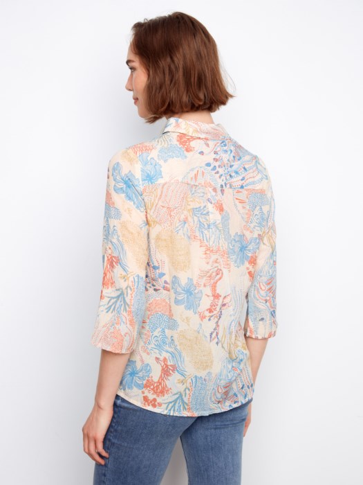 Printed Viscose Button Up Blouse With Roll-Up Sleeves
