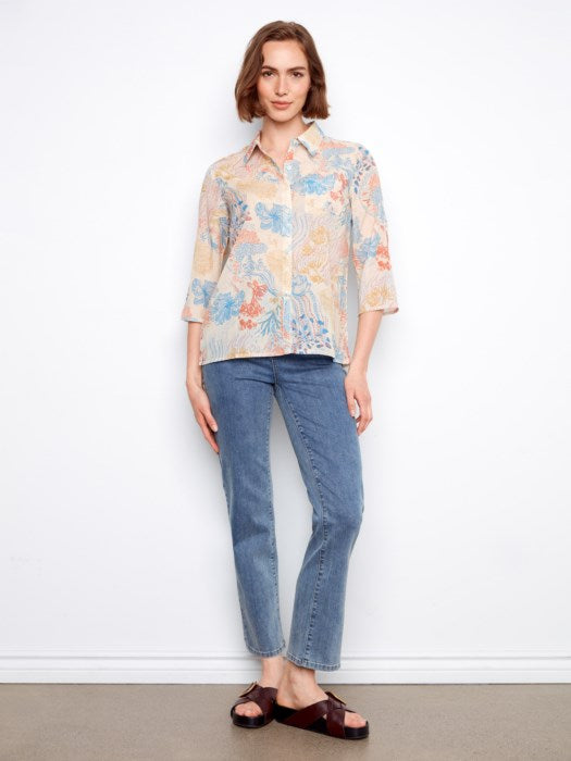 Printed Viscose Button Up Blouse With Roll-Up Sleeves