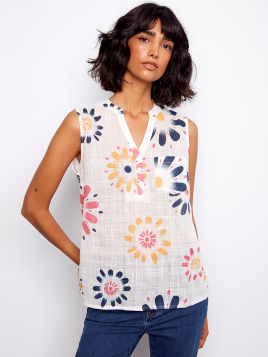 Printed Cotton Gauze Sleeveless Blouse With Half Placket
