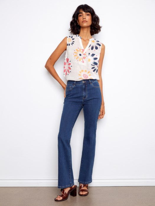 Printed Cotton Gauze Sleeveless Blouse With Half Placket