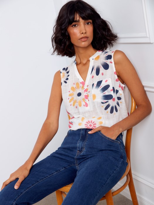 Printed Cotton Gauze Sleeveless Blouse With Half Placket