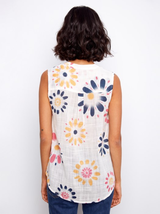 Printed Cotton Gauze Sleeveless Blouse With Half Placket