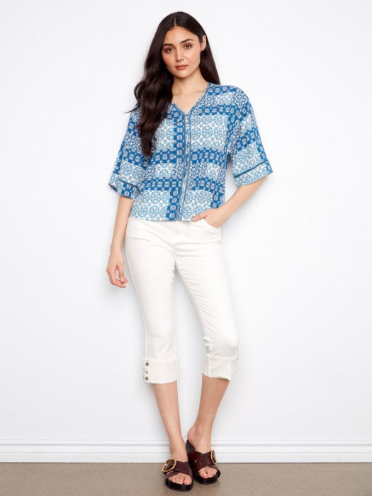 Printed Wide Elbow Sleeve V-Neck Blouse With Fake Button Closure