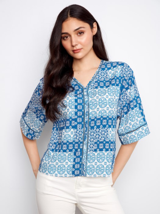 Printed Wide Elbow Sleeve V-Neck Blouse With Fake Button Closure