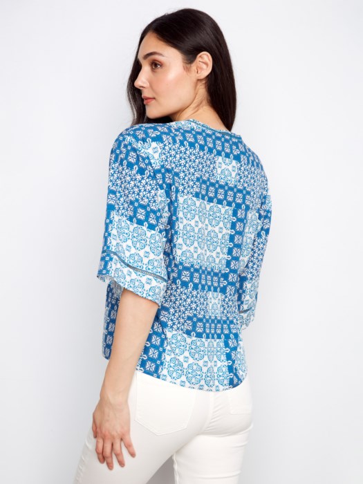 Printed Wide Elbow Sleeve V-Neck Blouse With Fake Button Closure