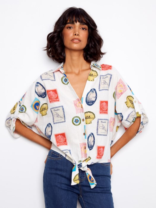 Printed Front Tie Button-Front Blouse With Ruched-Up Sleeves