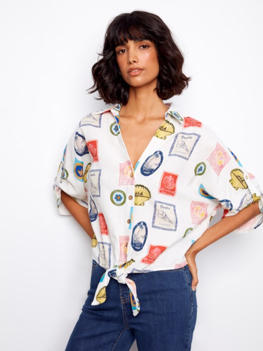 Printed Front Tie Button-Front Blouse With Ruched-Up Sleeves