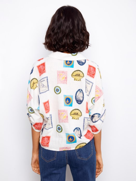 Printed Front Tie Button-Front Blouse With Ruched-Up Sleeves