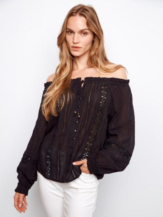 Cotton Voile Off The Shoulder Blouse With Openwork Trim At Front