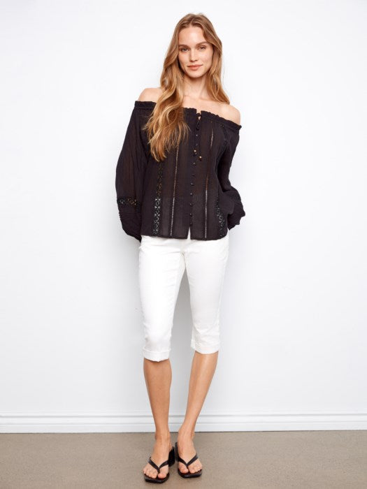 Cotton Voile Off The Shoulder Blouse With Openwork Trim At Front