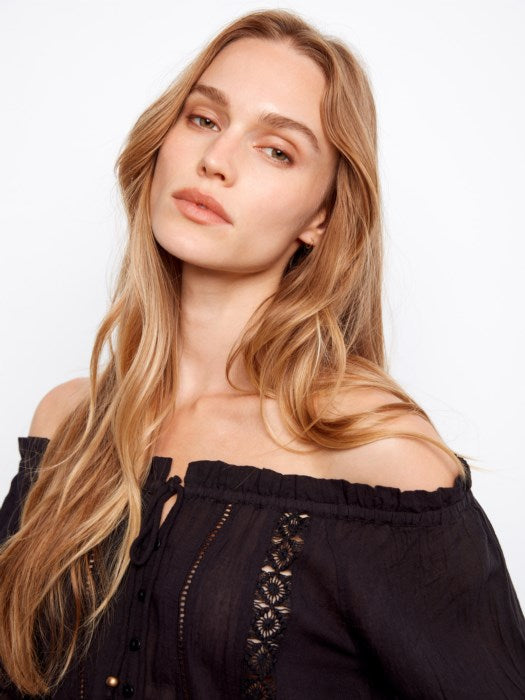 Cotton Voile Off The Shoulder Blouse With Openwork Trim At Front