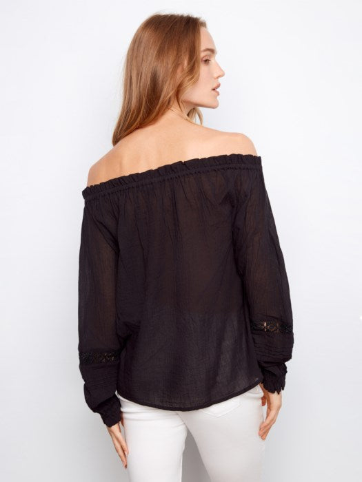 Cotton Voile Off The Shoulder Blouse With Openwork Trim At Front