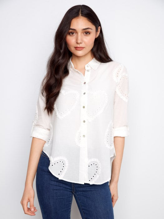 Textured Fabric Long Roll Up Sleeve Button Down Blouse