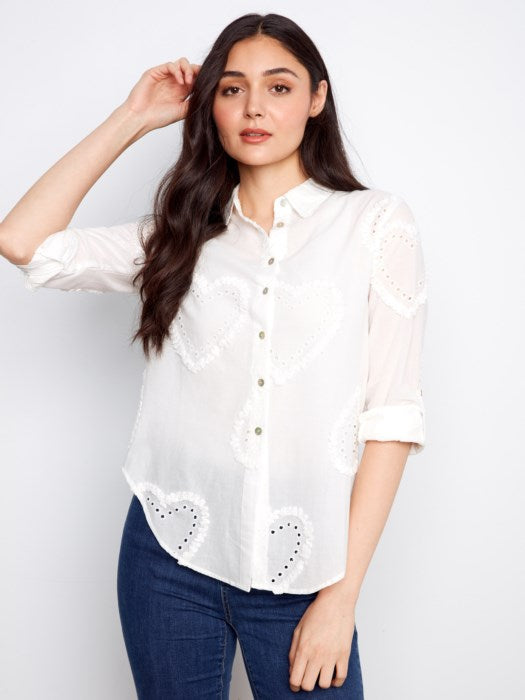 Textured Fabric Long Roll Up Sleeve Button Down Blouse