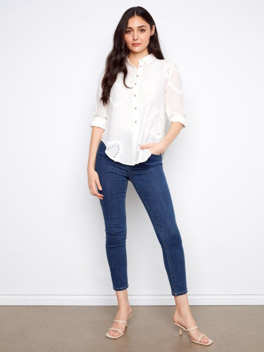 Textured Fabric Long Roll Up Sleeve Button Down Blouse
