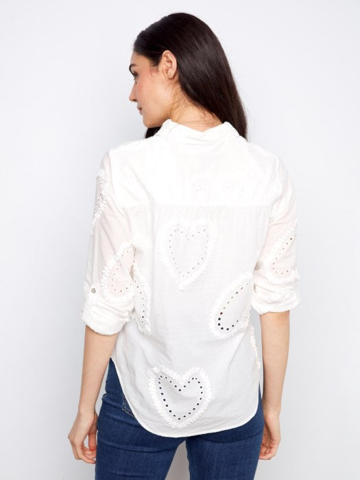 Textured Fabric Long Roll Up Sleeve Button Down Blouse