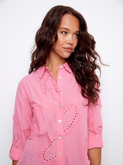 Textured Fabric Long Roll Up Sleeve Button Down Blouse