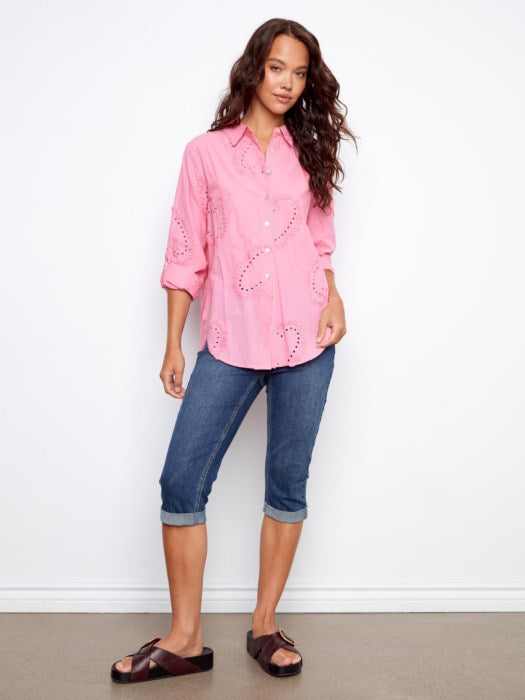 Textured Fabric Long Roll Up Sleeve Button Down Blouse