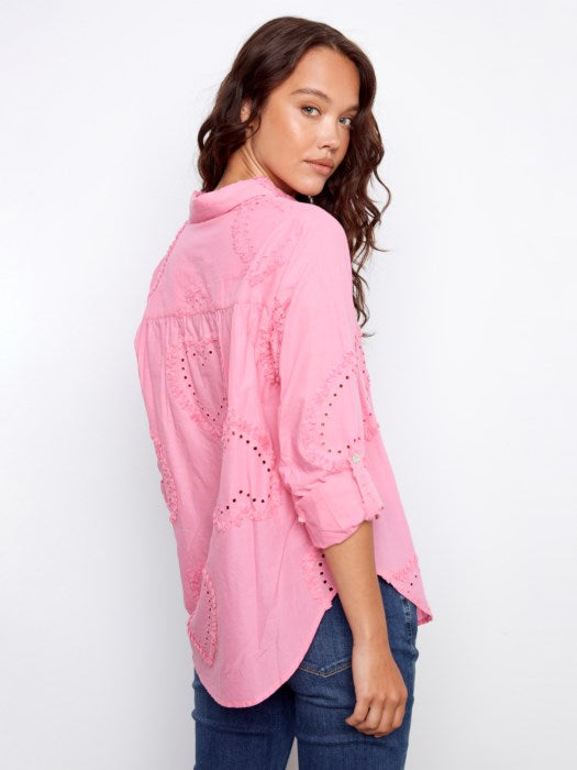 Textured Fabric Long Roll Up Sleeve Button Down Blouse