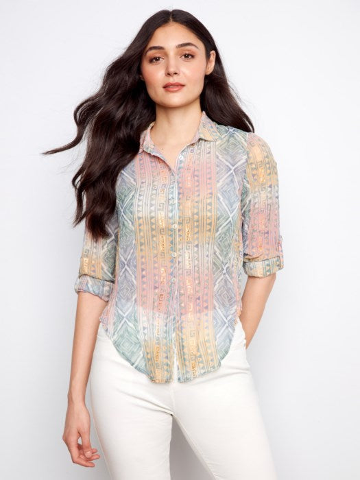 Foiled Printed Crinkle Blouse With Roll-Up Sleeves