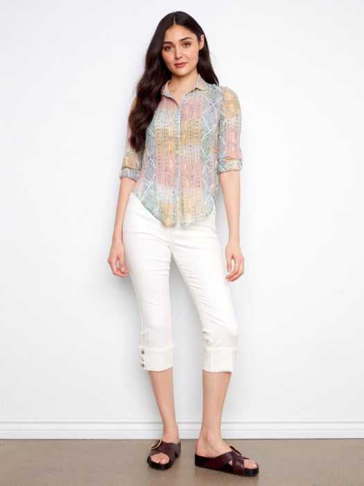 Foiled Printed Crinkle Blouse With Roll-Up Sleeves