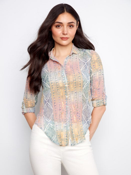 Foiled Printed Crinkle Blouse With Roll-Up Sleeves