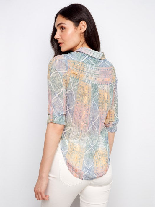 Foiled Printed Crinkle Blouse With Roll-Up Sleeves