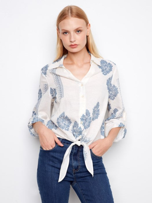 Printed Linen Button Up Blouse With Front Tie And Roll-Up Sleeves