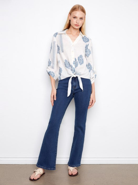 Printed Linen Button Up Blouse With Front Tie And Roll-Up Sleeves