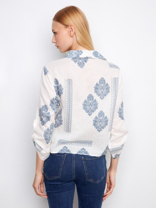Printed Linen Button Up Blouse With Front Tie And Roll-Up Sleeves