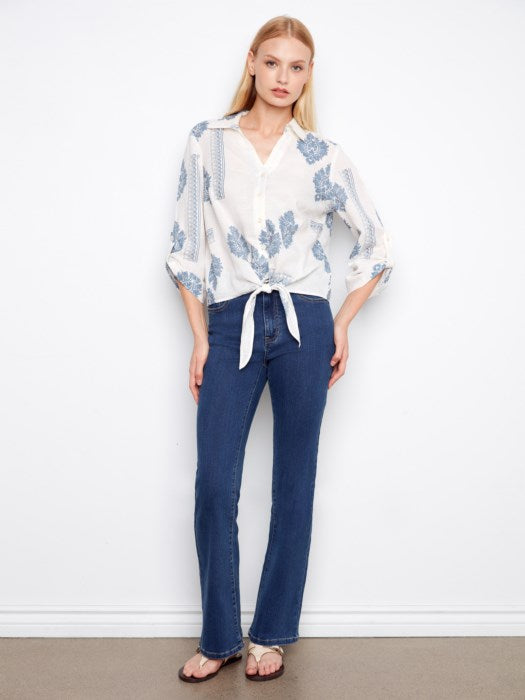 Printed Linen Button Up Blouse With Front Tie And Roll-Up Sleeves