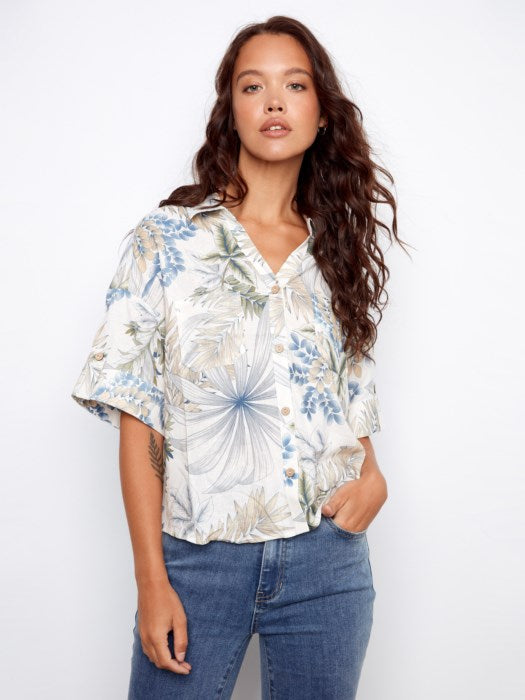 Printed Short Sleeve Button Front Linen Blouse With Patch Pockets