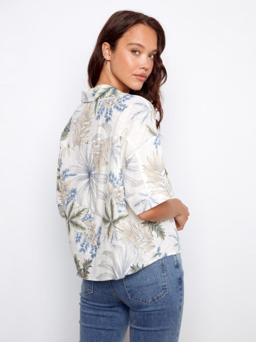 Printed Short Sleeve Button Front Linen Blouse With Patch Pockets