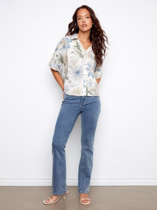 Printed Short Sleeve Button Front Linen Blouse With Patch Pockets