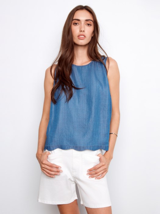 Scallop Hem Sleeveless Top With Back Decorative Buttons