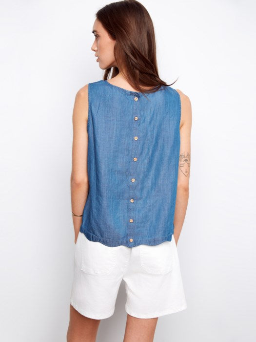 Scallop Hem Sleeveless Top With Back Decorative Buttons